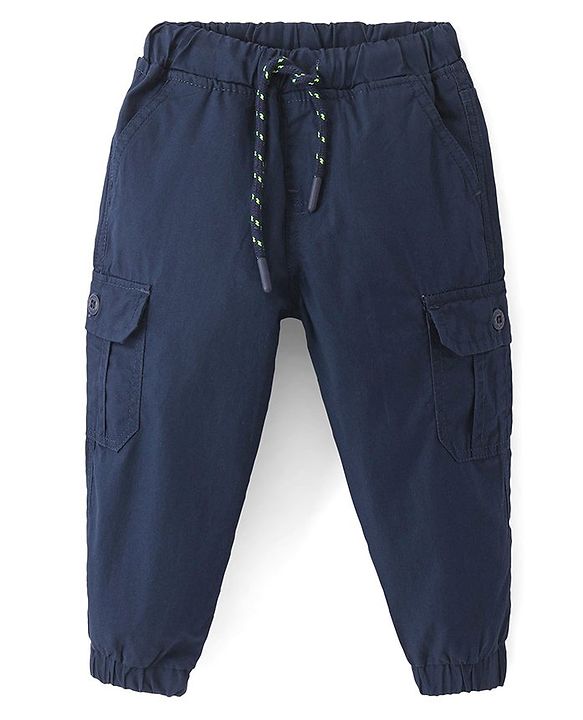 Babyhug Cotton Tussor Woven Full Length Solid Color Pant - Navy Blue