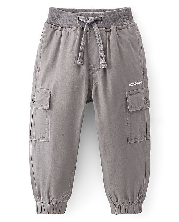 Babyhug Cotton Lycra Woven Full Length Ribbed Waist Trousers - Grey