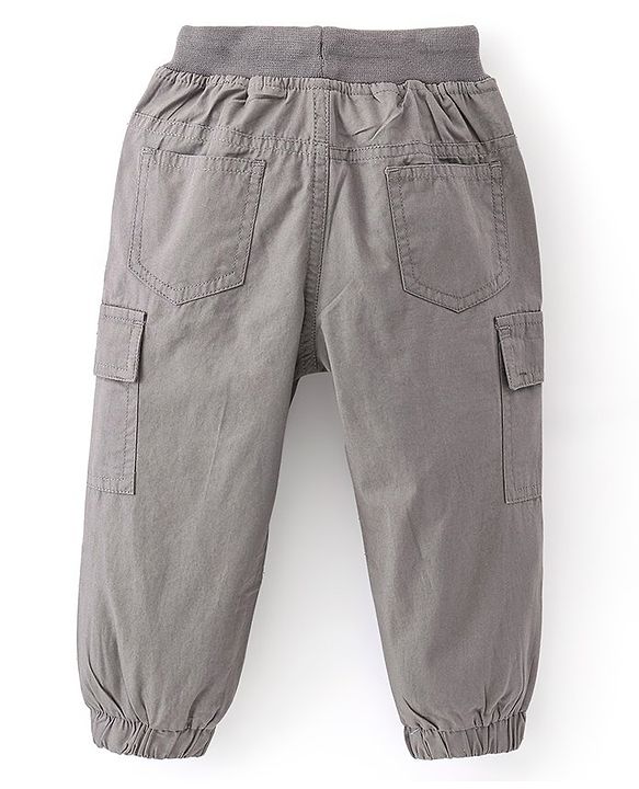 Babyhug Cotton Lycra Woven Full Length Ribbed Waist Trousers - Grey
