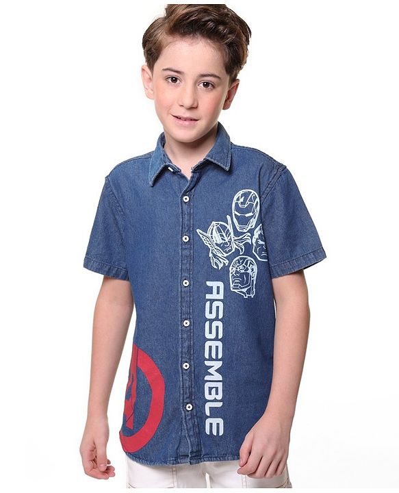 Pine Kids Marvel Denim Half Sleeves Shirt Avengers Print - Blue