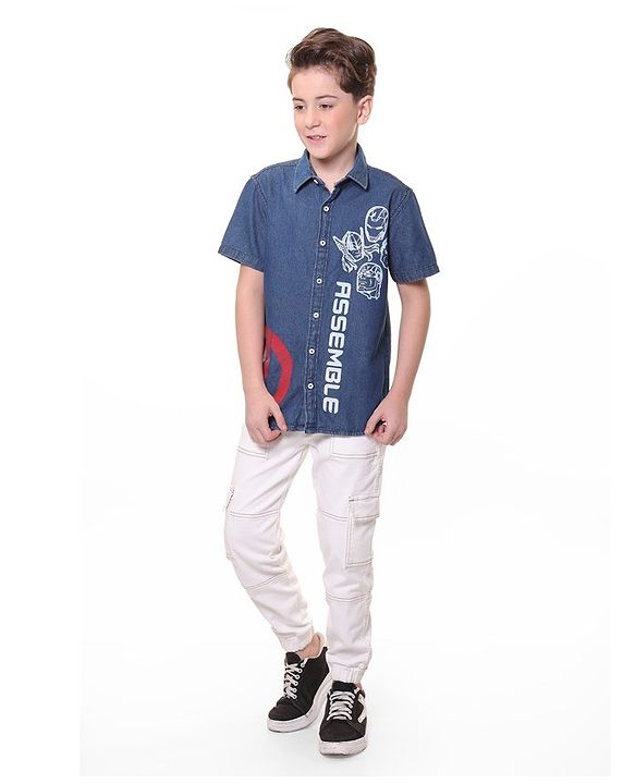 Pine Kids Marvel Denim Half Sleeves Shirt Avengers Print - Blue