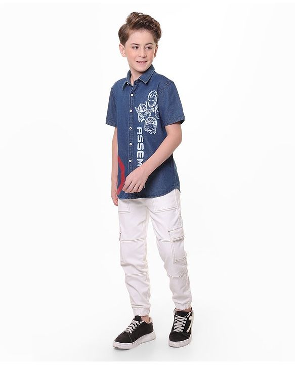 Pine Kids Marvel Denim Half Sleeves Shirt Avengers Print - Blue