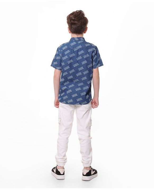 Pine Kids Marvel Denim Half Sleeves Shirt Text Print - Blue