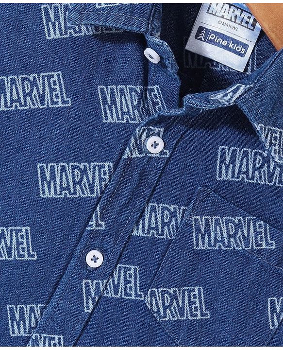 Pine Kids Marvel Denim Half Sleeves Shirt Text Print - Blue