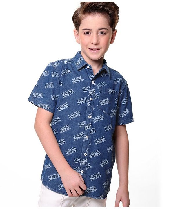 Pine Kids Marvel Denim Half Sleeves Shirt Text Print - Blue