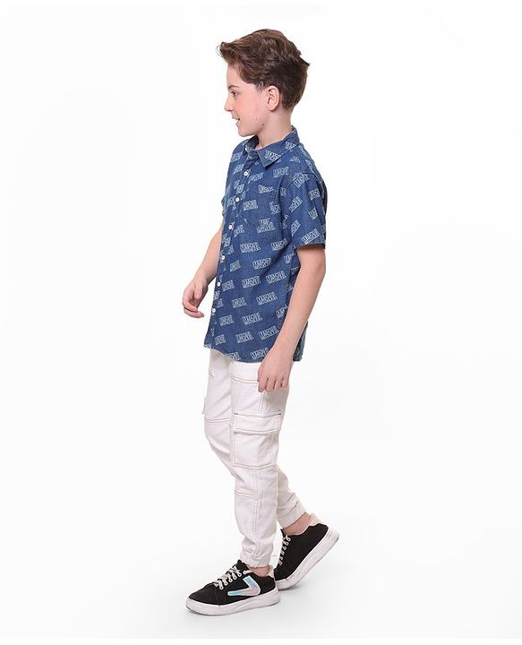 Pine Kids Marvel Denim Half Sleeves Shirt Text Print - Blue