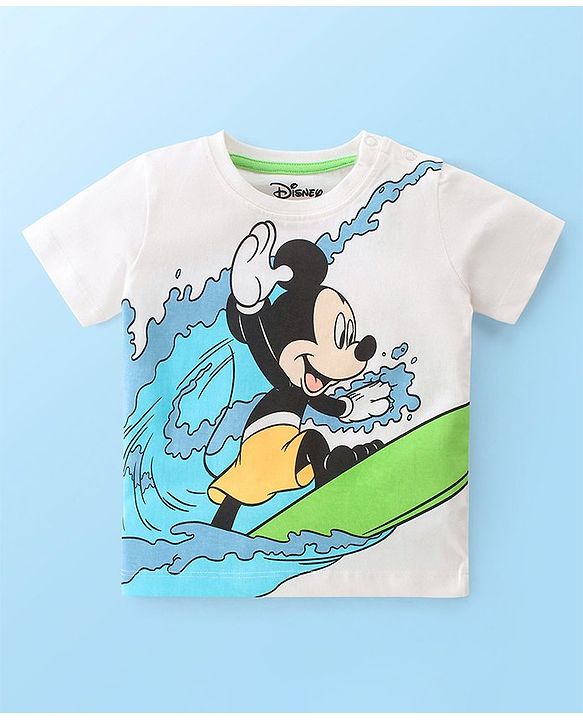 Babyhug Disney 100% Cotton Knit Half Sleeves T-Shirt Mickey Mouse Graphics - White