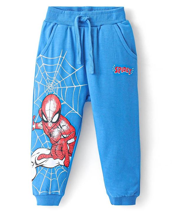Babyhug Marvel Cotton Looper Full Length Lounge Pants with Spiderman Graphics - Blue