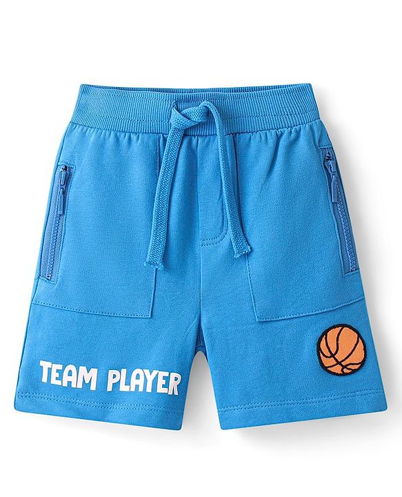 Babyhug Cotton Looper Knit Shorts with Basketball Patch & Text Print - Blue