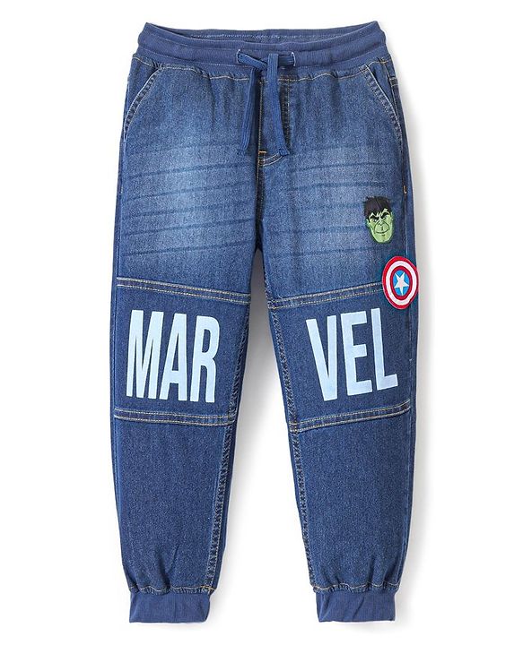 Pine Kids Marvel Cotton Blend Full Length Whiskered Denim Jogger With Marvel Text Print And Avenger Badge - Blue