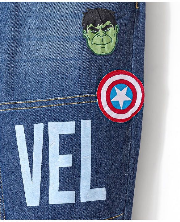 Pine Kids Marvel Cotton Blend Full Length Whiskered Denim Jogger With Marvel Text Print And Avenger Badge - Blue