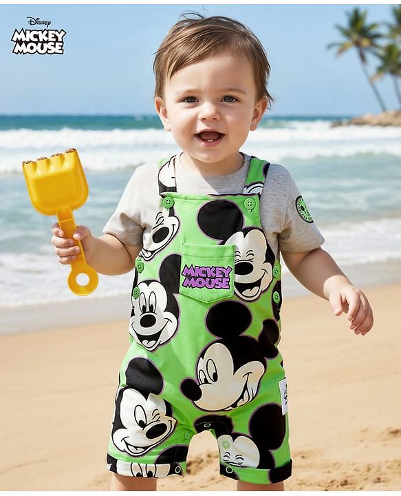Babyhug Disney Cotton Knit Dungaree With Half Sleeves T- Shirt And Mickey Mouse Print - Green