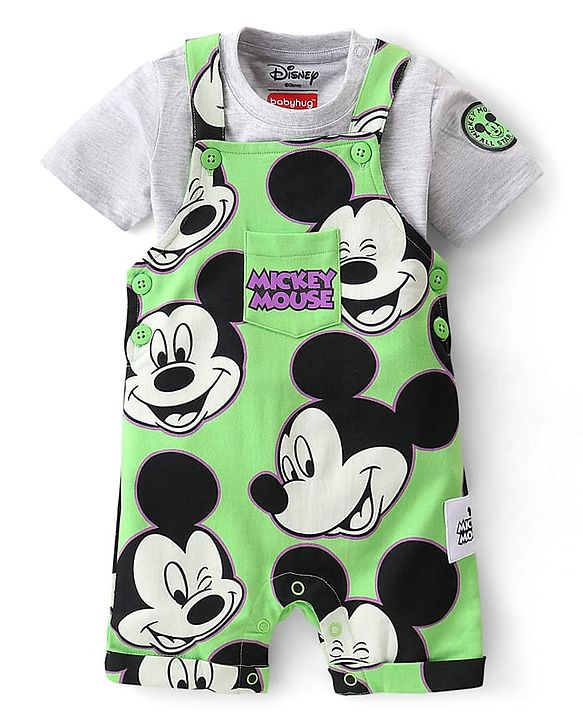 Babyhug Disney Cotton Knit Dungaree With Half Sleeves T- Shirt And Mickey Mouse Print - Green