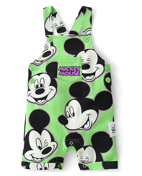 Babyhug Disney Cotton Knit Dungaree With Half Sleeves T- Shirt And Mickey Mouse Print - Green