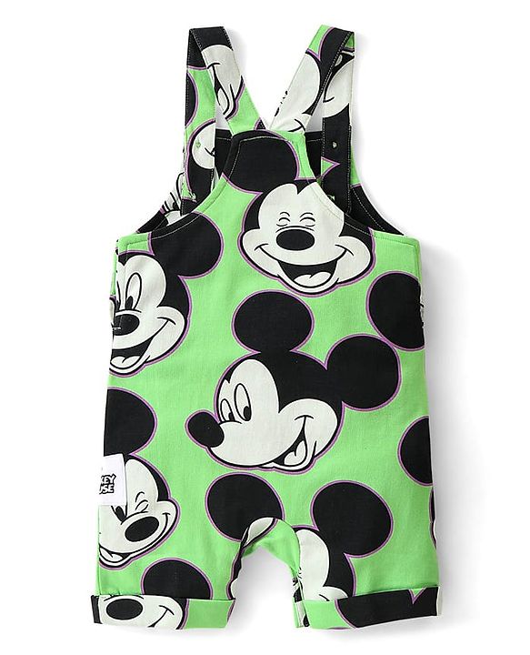 Babyhug Disney Cotton Knit Dungaree With Half Sleeves T- Shirt And Mickey Mouse Print - Green