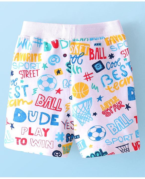 Babyhug Cotton Looper Knit Shorts with Text Print -  White