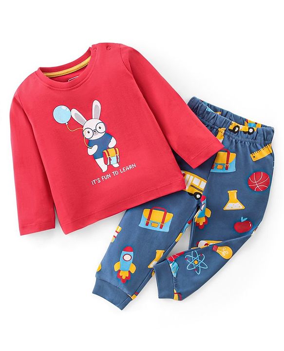 Babyhug Single Jersey Knit Full Sleeves Night Suit Bunny Print - Red & Navy Blue