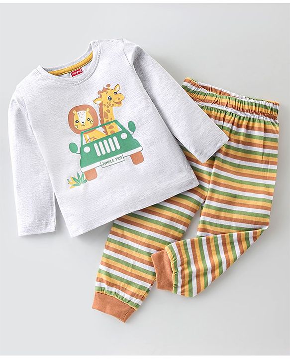 Babyhug Single Jersey Full Sleeves Night Suit Jungle Animals Print - White