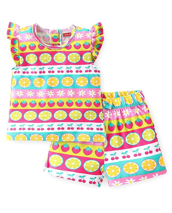 Babyhug Cotton Knit Single Jersey Frill Sleeves Night Suit With Fruits Theme Print - Multicolour
