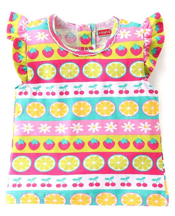Babyhug Cotton Knit Single Jersey Frill Sleeves Night Suit With Fruits Theme Print - Multicolour