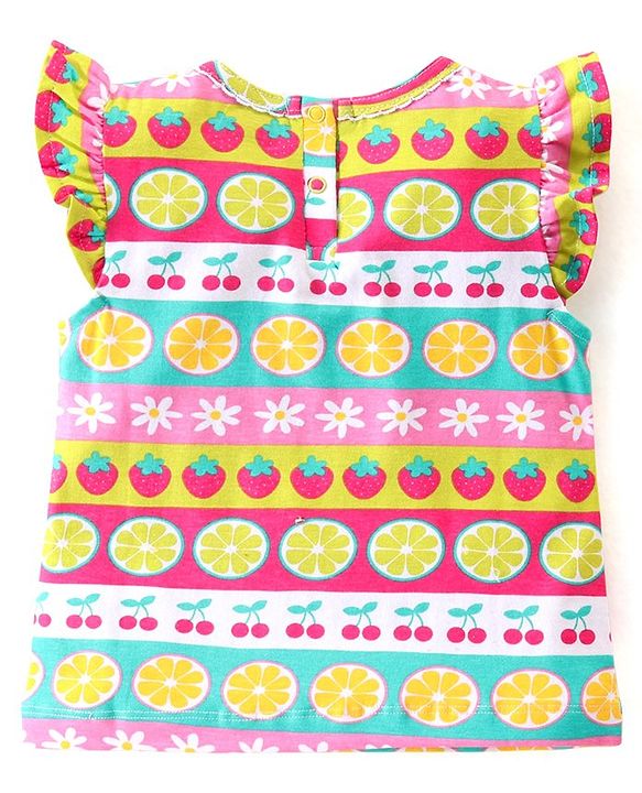 Babyhug Cotton Knit Single Jersey Frill Sleeves Night Suit With Fruits Theme Print - Multicolour