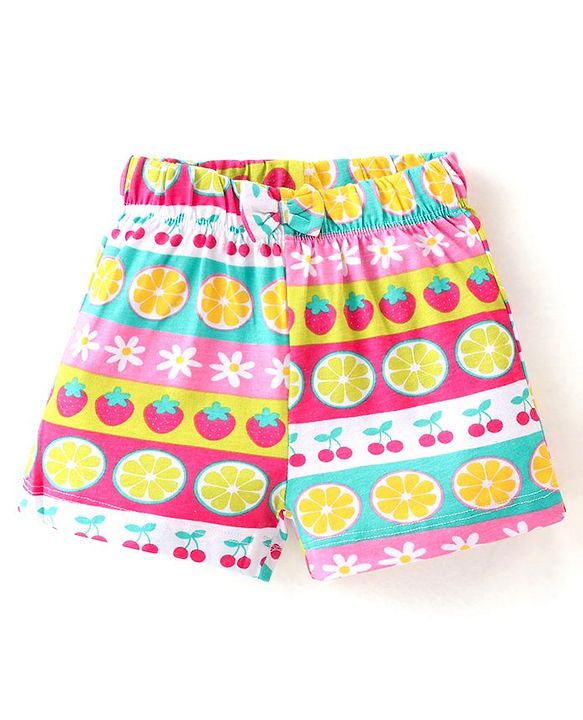 Babyhug Cotton Knit Single Jersey Frill Sleeves Night Suit With Fruits Theme Print - Multicolour