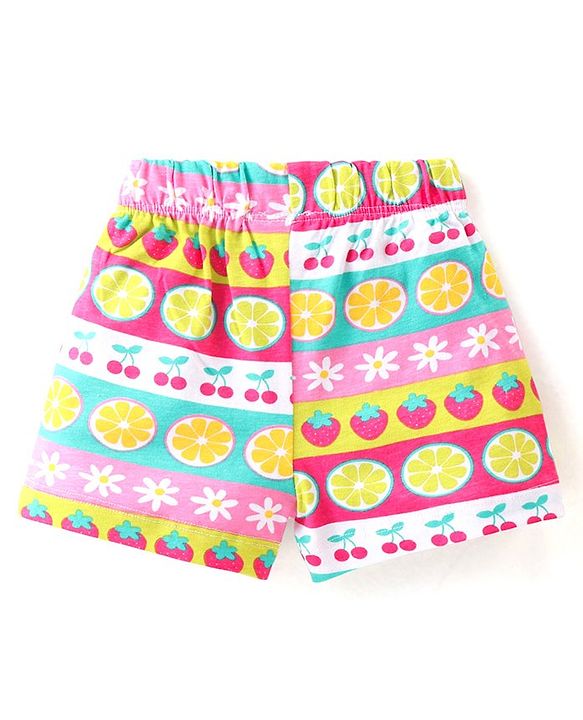 Babyhug Cotton Knit Single Jersey Frill Sleeves Night Suit With Fruits Theme Print - Multicolour