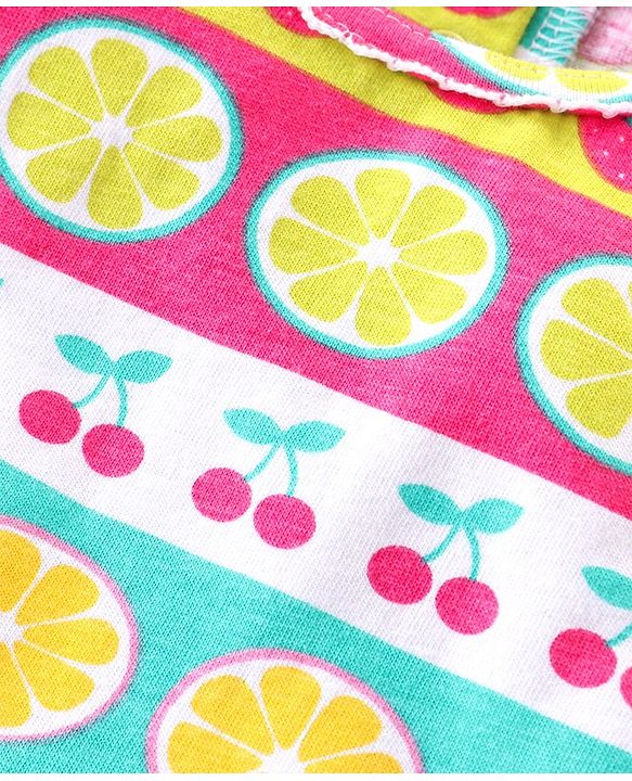 Babyhug Cotton Knit Single Jersey Frill Sleeves Night Suit With Fruits Theme Print - Multicolour