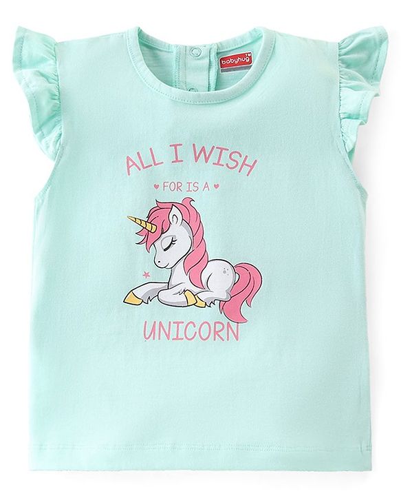 Babyhug Cotton Knit Single Jersey Frill Sleeves Night Suit With Unicorn Print - Blue & Pink