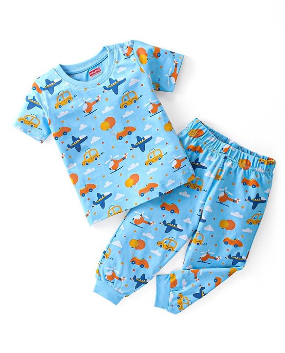 Babyhug Cotton Single Jersey Knit Half Sleeves Night Suit Car Print - Blue