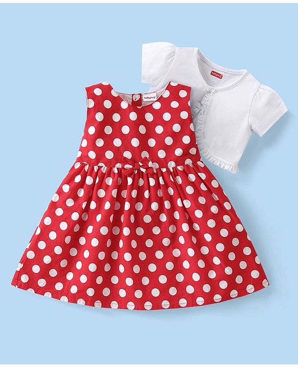 Babyhug Cotton Poplin Woven Frock with Half Sleeves Shrug Polka Dot Print - Red
