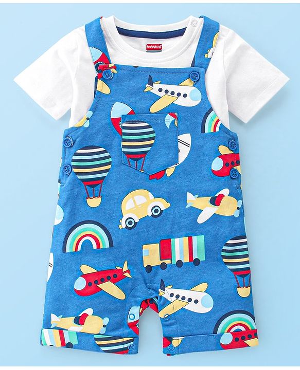Babyhug Single Jersey Cotton Knit Dungaree with Half Sleeves Inner Tee Airplane Print - White & Blue