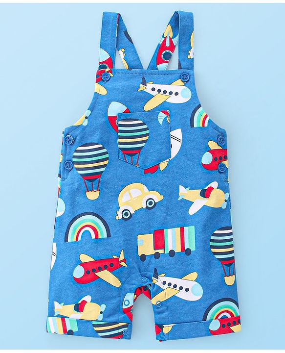 Babyhug Single Jersey Cotton Knit Dungaree with Half Sleeves Inner Tee Airplane Print - White & Blue