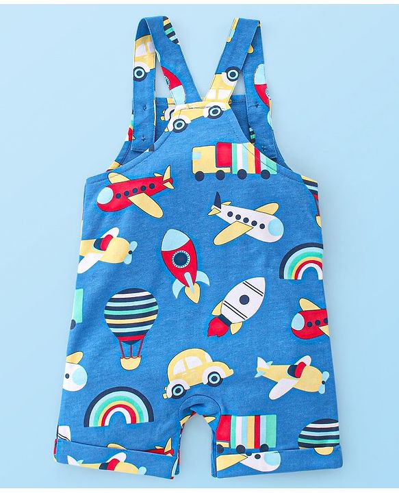 Babyhug Single Jersey Cotton Knit Dungaree with Half Sleeves Inner Tee Airplane Print - White & Blue