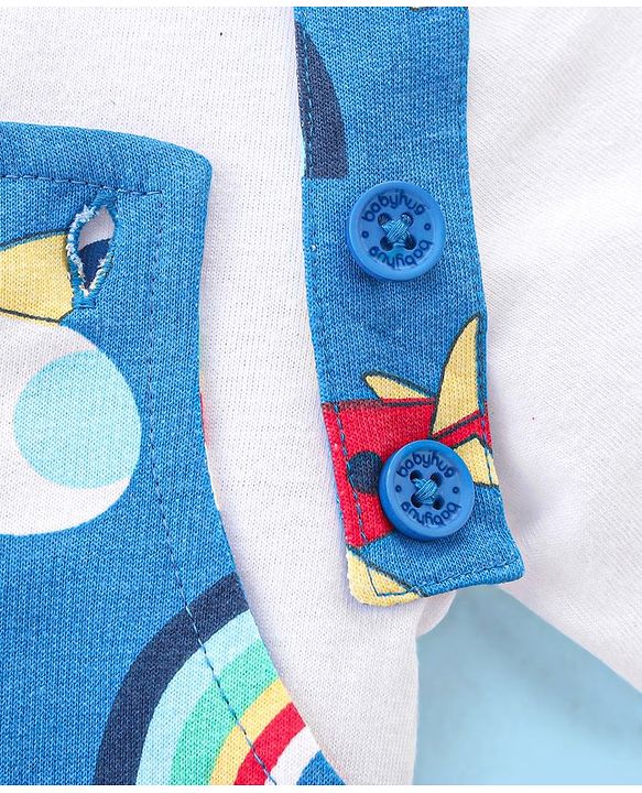 Babyhug Single Jersey Cotton Knit Dungaree with Half Sleeves Inner Tee Airplane Print - White & Blue