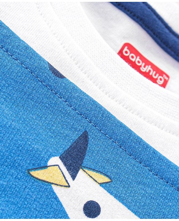 Babyhug Single Jersey Cotton Knit Dungaree with Half Sleeves Inner Tee Airplane Print - White & Blue