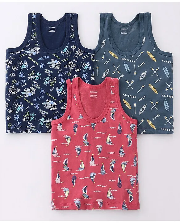 CUCUMBER Cotton Knit Sleeveless Set of Vests Surf Board Boat Print Pack  of Mulberry Midnight Blue Steel Blue