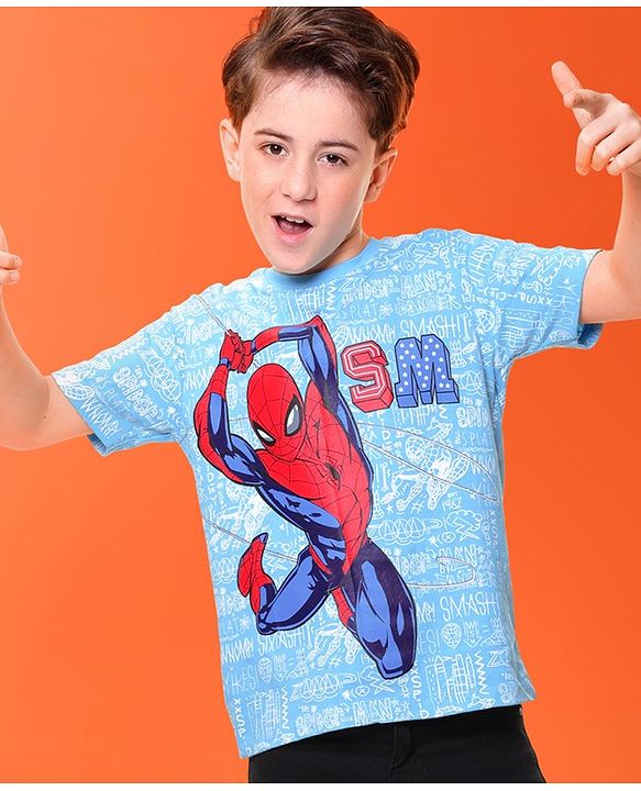 Pine Kids Marvel Cotton Knit  Half Sleeve T-Shirt with Spiderman Print - Blue
