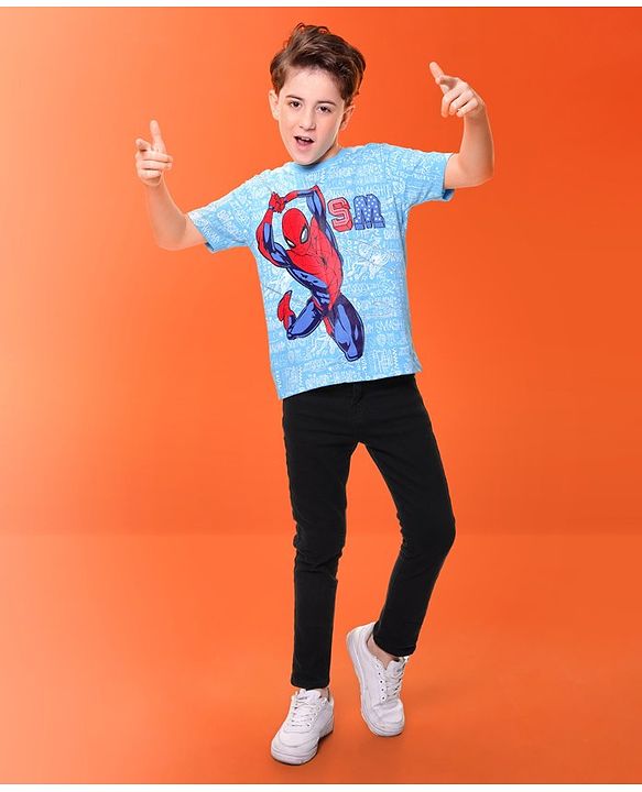 Pine Kids Marvel Cotton Knit  Half Sleeve T-Shirt with Spiderman Print - Blue