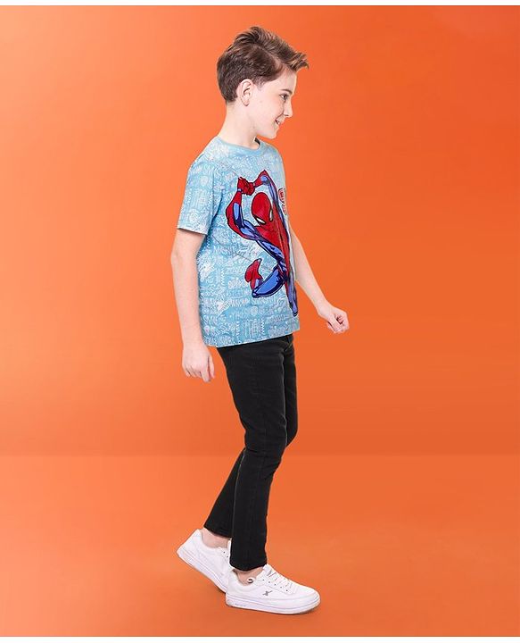 Pine Kids Marvel Cotton Knit  Half Sleeve T-Shirt with Spiderman Print - Blue