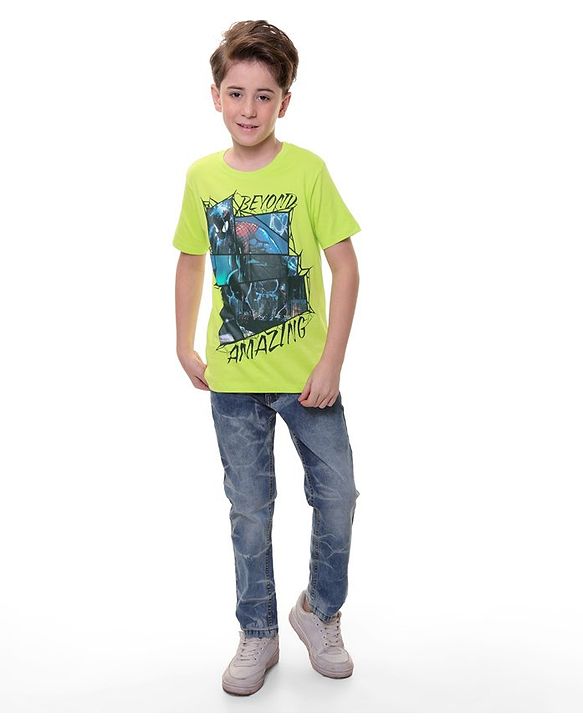 Pine Kids Marvel Cotton Knit Half Sleeves T-Shirt with Spiderman Graphics - Green