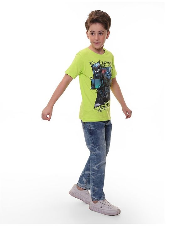 Pine Kids Marvel Cotton Knit Half Sleeves T-Shirt with Spiderman Graphics - Green
