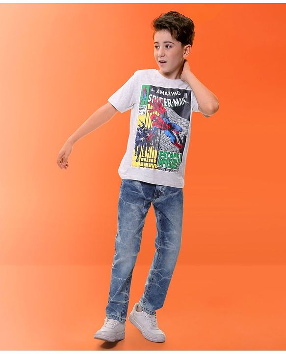 Pinekids Marvel  Cotton Knit Half Sleeves T-Shirt with Spiderman Graphics - Grey Melange