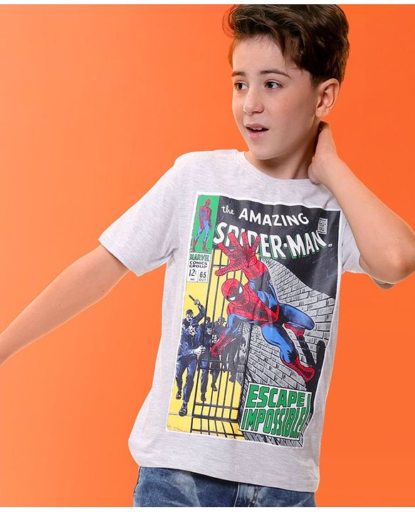 Pinekids Marvel  Cotton Knit Half Sleeves T-Shirt with Spiderman Graphics - Grey Melange
