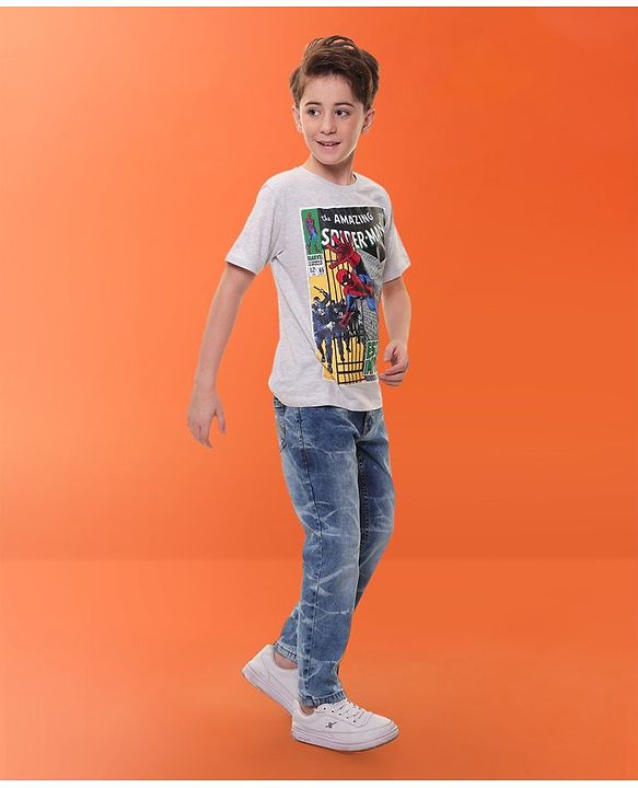 Pinekids Marvel  Cotton Knit Half Sleeves T-Shirt with Spiderman Graphics - Grey Melange