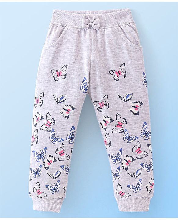 Babyhug Cotton Looper Knit Full Length Lounge Pant With Butterfly Print - Grey