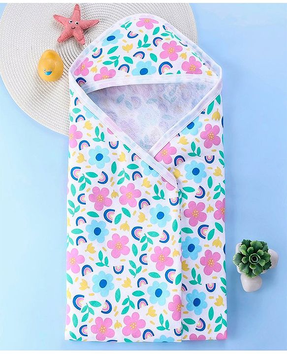 Babyhug Terry Knit Hooded Bath Towel With Floral Print L 76.2 x B 76.2 cm - Multicolor