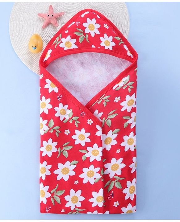 Babyhug Knit Terry Hooded Bath Towel with Floral Print L 76 X B 76 cm - Red
