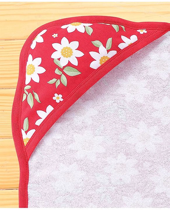 Babyhug Knit Terry Hooded Bath Towel with Floral Print L 76 X B 76 cm - Red