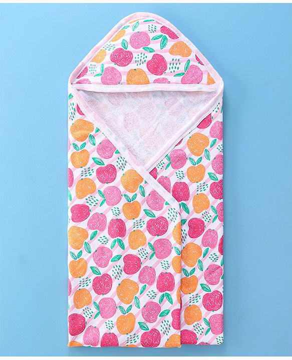 Babyhug Terry Knit Hooded Towel With Fruits Print L 75 x B 75 cm - Orange